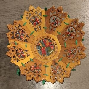 Vintage Carved Wood Wooden Bowl W/ Panels & Hand Painted Design 10" Diameter